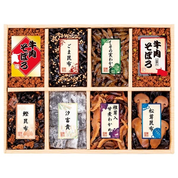 　　☆☆☆ 商品詳細 ☆☆☆ ●化粧箱入／約190×250×30mm ●内容／ごま昆布（45g）・汐富貴（20g）・しその実わかめ（45g）・鰹昆布（20g）・松茸昆布（50g）・椎茸入甘煮わかめ（45g）・国産牛肉そぼろ（45g）・国産牛肉そぼろ（山椒）（45g）×各1 ●アレルゲン／小麦