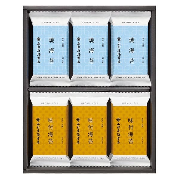 　　☆☆☆ 商品詳細 ☆☆☆ ●化粧箱入／約320×250×50mm ●内容／味付海苔（各8切5枚）・焼海苔（各8切5枚）×各6 ●アレルゲン／小麦