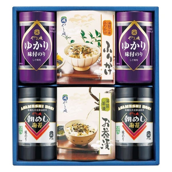 　　☆☆☆ 商品詳細 ☆☆☆ ●化粧箱入／約298×278×78mm ●内容／味付のり（8切26枚）・しそ風味のり（8切26枚）×各2、のり茶漬け（5.5g×4袋）・のりふりかけ（5g×4袋）×各1 ●アレルゲン／卵・乳・小麦・えび