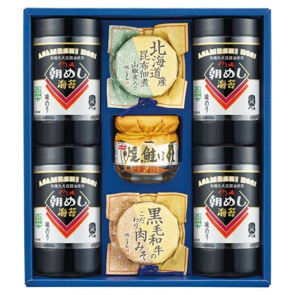 　　☆☆☆ 商品詳細 ☆☆☆ ●化粧箱入／約296×257×79mm ●内容／味付のり（8切26枚）×4、焼鮭ほぐし（50g）・北海道産昆布佃煮（70g）・黒毛和牛こだわり肉みそ（90g）×各1 ●アレルゲン／乳・小麦・えび
