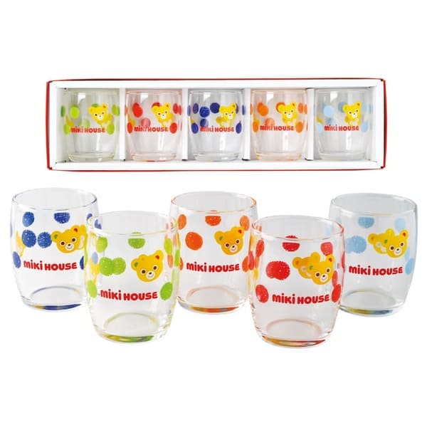 　　☆☆☆ 商品詳細 ☆☆☆ ●化粧箱入／約92×347×67mm ●材質／ガラス ●内容／ミニグラス（約145ml）（約φ56×73mm）×5 ●重量／約600g ●原産国／日本製 ※クレヨンで描いたようなドット柄と、プッチー（くまちゃん）模様のとってもキュートなミニグラスです。お子様が集まる席にぴったり。