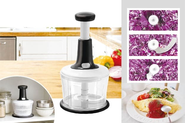 　　☆☆☆ 商品詳細 ☆☆☆ ●商品サイズ／径155×H235mm（収納時） ●箱サイズ／W155×D155×H195mm ●材質／PP・PS・ABS・TPR・ステンレス鋼・POM ●容量／1.2L ●箱入重量／約580g ※着脱可能3刃カッター ※便利な水切り器付属 ※攪拌用混ぜ器付属
