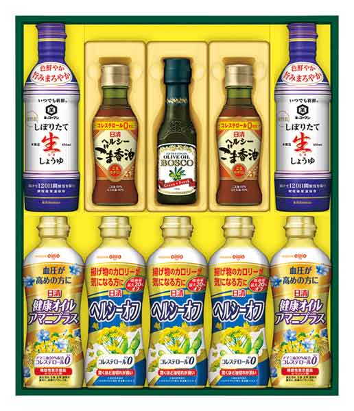 　　☆☆☆ 商品詳細 ☆☆☆ ●セット内容／日清ヘルシーオフ350gPET×3、日清健康オイルアマニプラス350gPET・日清ヘルシーごま香油145g瓶・キッコーマンしぼりたて生しょうゆ450mlPET×各2、ボスコエキストラバージンオリーブオイル140g瓶×1 ●賞味期限／製造後540日 ●箱サイズ／445×378×74mm ●アレルゲン／小麦・大豆・ごま