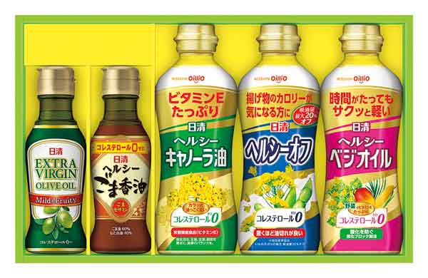 　　☆☆☆ 商品詳細 ☆☆☆ ●セット内容／日清ヘルシーキャノーラ油350gPET×2、日清ヘルシーベジオイル350gPET・日清ヘルシーオフ350gPET・日清エキストラバージンオリーブオイル145g瓶・日清ヘルシーごま香油145g瓶×各1 ●賞味期限／製造後750日 ●箱サイズ／220×353×59mm ●アレルゲン／ごま