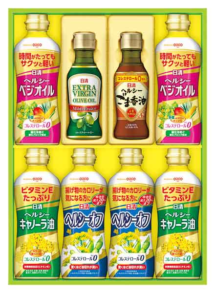 　　☆☆☆ 商品詳細 ☆☆☆ ●セット内容／日清ヘルシーキャノーラ油350gPET×2、日清ヘルシーオフ350gPET×2、日清エキストラバージンオリーブオイル145g瓶×1、日清ヘルシーごま香油145g瓶×1、日清ヘルシーベジオイル350gPET×2 ●賞味期限／製造後750日 ●箱サイズ／425×308×65mm ●アレルゲン／ごま