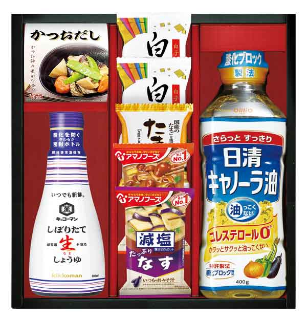 　　☆☆☆ 商品詳細 ☆☆☆ ●セット内容／日清キャノーラ油400g、キッコーマンしぼりたて生しょうゆ200ml、白子のり味のり（8切5枚）×2、アマノフーズ減塩いつものおみそ汁（なす9.0g・なめこ8.0g）、たまごスープ6.4g、シーラックかつおだし（4g×3） ●賞味期限／製造後360日 ●箱サイズ／255×236×70mm ●アレルゲン／卵・乳・小麦・えび・大豆・ごま・ゼラチン・鶏肉・さば・魚醤（魚介類）