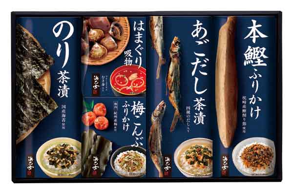 　　☆☆☆ 商品詳細 ☆☆☆ ●セット内容／のり茶漬（6g×6袋）、あごだし茶漬（6.3g×6袋）、本鰹ふりかけ（5g×6袋）、はまぐり吸い物（4.7g×3袋）、梅こんぶふりかけ（5g×3袋） ●賞味期限／製造後540日 ●箱サイズ／247×400×45mm ●アレルゲン／乳成分・小麦・大豆・ごま・ゼラチン・さば