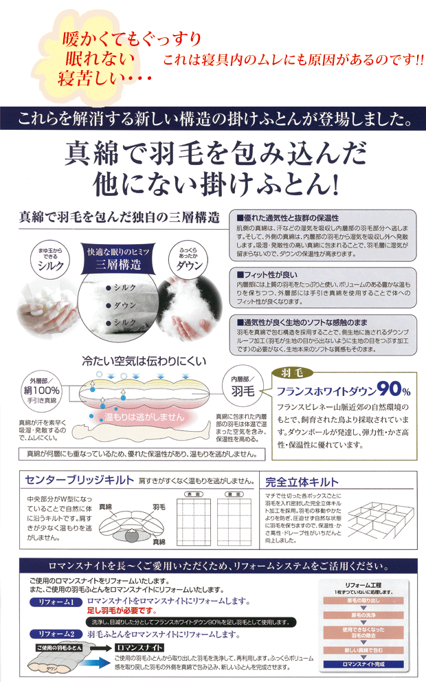 抗菌防臭加工無料 ロマンス小杉 真綿入り高級羽毛掛け布団 シングル 150×210 フランス産ホワイトダックダウン90% 日本製 送料無料 真綿 ダウンパワー360 DP360 シルク