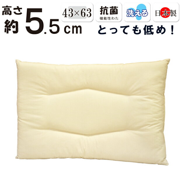 【中綿増量 クッション性アップ】低い枕 低め 約5.5cm 洗える枕 43×63cm 日本製 綿100％ 薄型 薄い 肩こりに 女性 テイジン フィルケアECO わた ピロー まくら ペラペラ 軽量 子供 超低め 洗える 丸洗い 低めの 薄め 低い 高さ ロー パット 5センチ ストレートネック