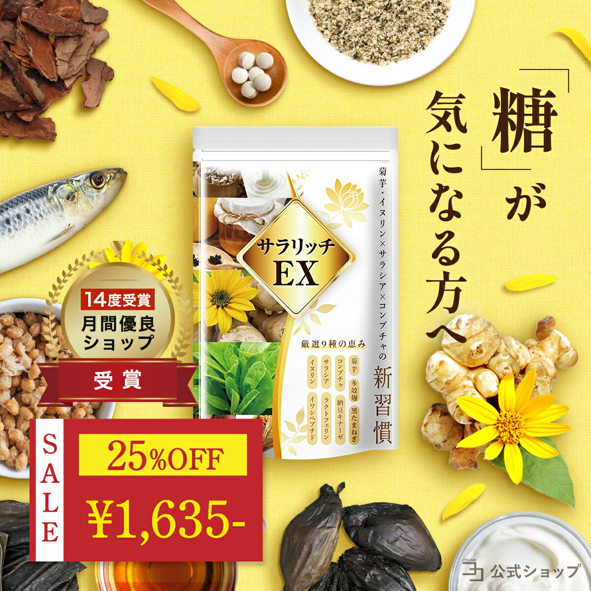 血糖値 サプリ サラリッチEX 菊芋 イヌリン コンブチャ サラシア ナットウキナーゼ 食物繊維 ダイエット サプリメント 糖質 吸収 抑える 血糖値 注目成分 ラクトフェリン イワシペプチド 多殻麹 黒たまねぎ （180粒） 一日6粒目安のサムネイル