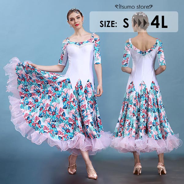 社交ダンス ドレス 初心者 練習着 社交ダンス衣装 競技着 開場ドレス ワンピース 長袖 豪華 花柄 柄付き 大合唱 スタンダード ラテンドレス ラテン衣装 広...