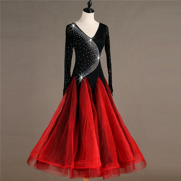 社交ダンスドレス 広がる裾 衣装 モダン ラテン 発表会 競技着 練習着 演出用 スタンダード ワルツダンス ワンピース レッド グレー s m l xl 2xl