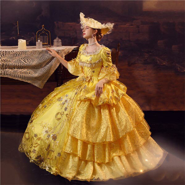西洋ドレス 華麗な 宮廷ドレス ドレス レディース ロングドレス イエロー ロココ 刺繍 貴族ドレス 18世紀 スパンコール 中世ヨーロッパ お姫様 プリンセスドレス ステージ衣装 貴婦人 オペラ ワンピース d9403c0c0l9