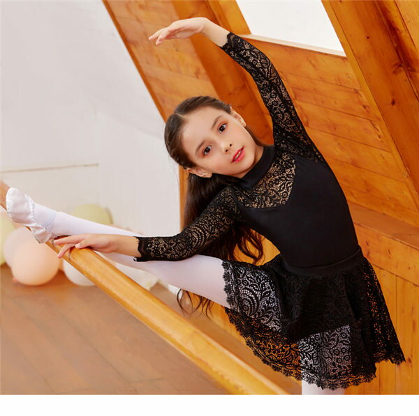 バレエ レオタード 子供 キッズ 女の子 黒 レース スカートなし 長袖 2点セット ジ...