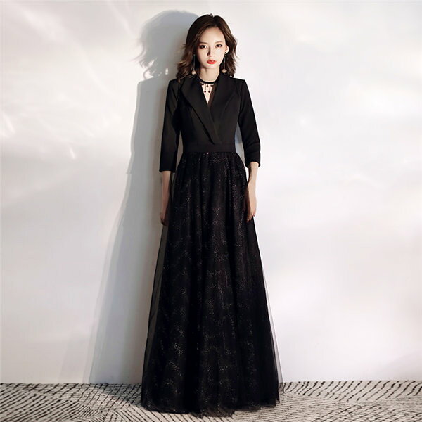 XS-3XL パーティードレス 韓国 ロングドレス 演奏会 袖付き 黒 キャバロングドレス イブニングドレス ..