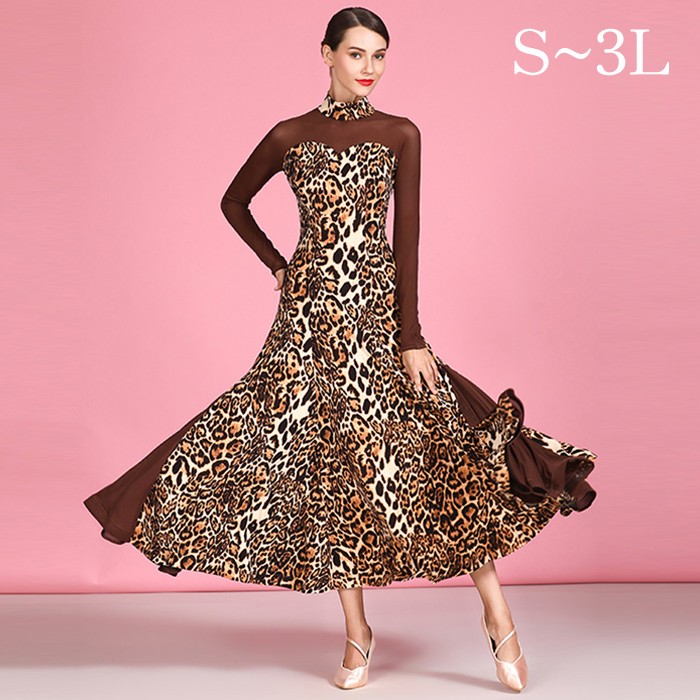 社交ダンス ドレス ダンス衣装 初心者 練習着 社交ダンス衣装 ロングドレス モダンドレス ヒョウ柄 コーヒー 大きい裾 モダン スタンダード ワルツ ワンピー...