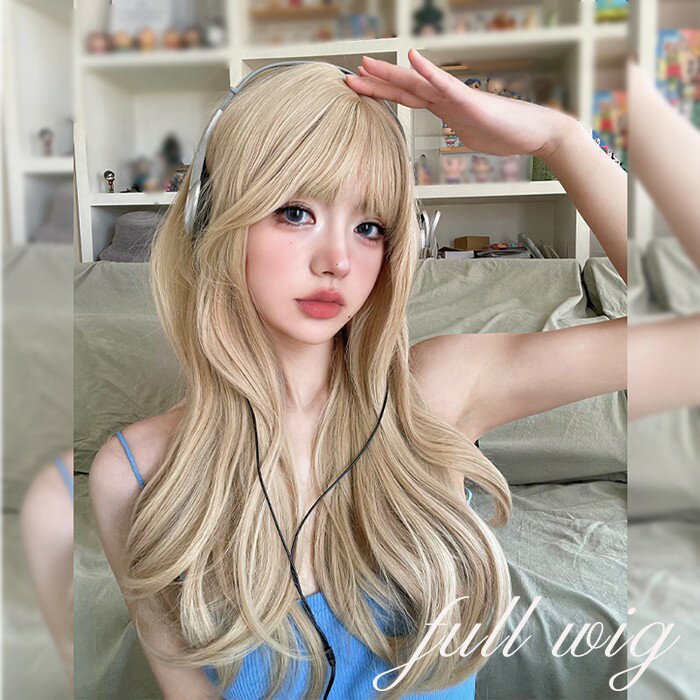 ウィッグ ゴールド レディース フルウィッグ ロング 巻き髪 金髪 ぱっつん前髪 前髪あり 可愛い かわいい 大人用 コスプレ ロリータ ゴスロリ コスチューム 原宿風 仮装 超自然 かつら wig Lolita 小顔 文化祭 イベント 学園祭 ハロウィン 自然