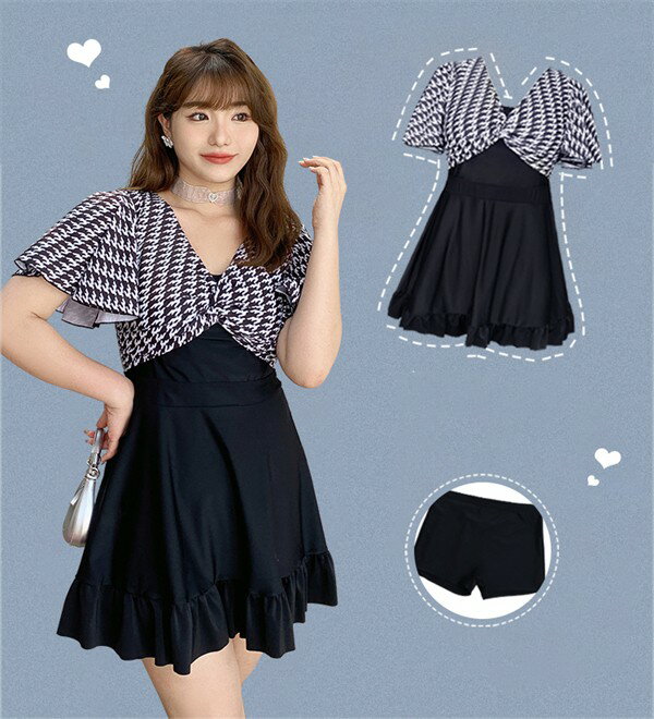 ぽっちゃり水着 女子 ワンピース 2L-6L 大きいサイズ ブラック 服みたいな 韓国風 体型カバー 露出控えめ Vネック 可愛い おしゃれ ショートパンツ ノンワイヤー ビーチ プール 夏 リゾート 海 プール 温泉 オールインワン オトナ女子 温泉 セクシー 黒 20代 30代 40代