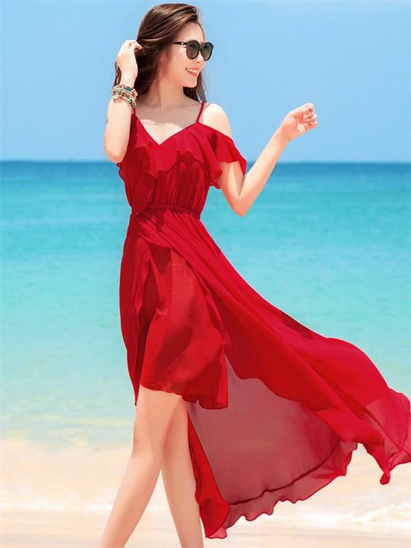 シフォン 赤ワンピース リゾートワンピース 夏 沖縄 ハワイ レッド ワンピース 夏 ...