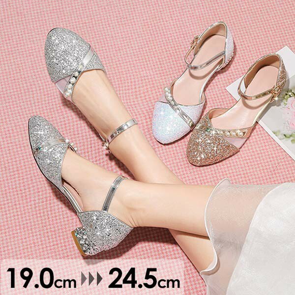 パンプス 痛くない 柔らかい キラキラ ローヒール ヒール3cm 太いヒール チャンキーヒール アーモンドトゥ ストラップ アンクルストラップ 上品 ゴージャス 結婚式 ピアノ 発表会 綺麗め パーティー シューズ 女の子 靴 イベント 謝恩会 演奏会 演出 小さいサイズ