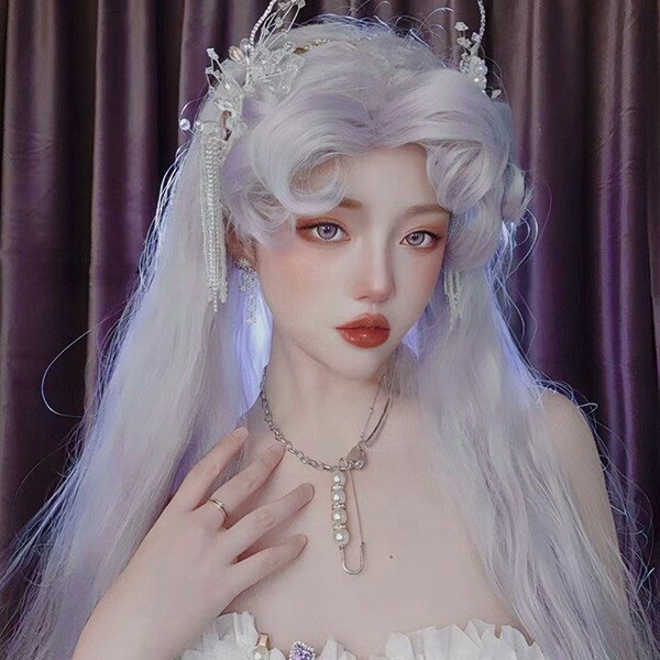中世の貴族風 巻き毛 フルウィッグ かつら 女性 長髪 超ロング ロング丈 ロングウィッグ ロングヘア ロリータ 前髪あり 自然 キュート ウイッグ wig コスプレ 耐熱ウィッグ 小顔効果抜群 コスチューム 仮装 イベント 変装 女装 シルバー パープル