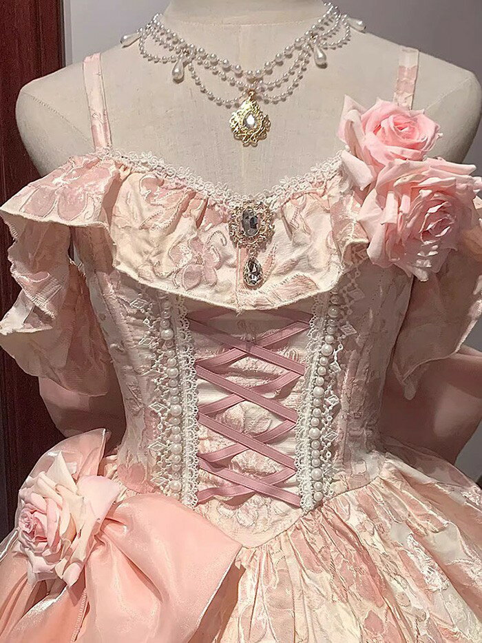 ロリータ ワンピース ピンク Lolita 華やか ドレス ピンクリボン プリンセス イブニングドレス お嬢様 フォーマル パーティー 花嫁 ドレス 成人式 ウェディング エレガント ロングドレス コスプレ S M L XL dh029lclczb