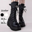 厚底 ブーツ レディース バックルストラップ 欧米風 パンク ロリータ風 かわいい 大きいサイズ お嬢様 日常 美脚 ホワイト ブラック