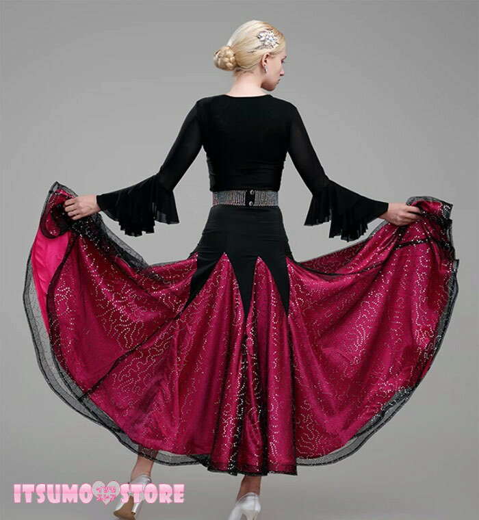 イツモストア -itsumostore-の社交ダンスドレス レディース フレアスカート ロングスカート 3カラー S〜4L 踊りやすい 華やか ショールカラー セクシー フォーマル パーティー 舞踏会 競技 ダンス衣装 おしゃれ 豪華 スカートのみ ローズ レッド パープル｜アングル3