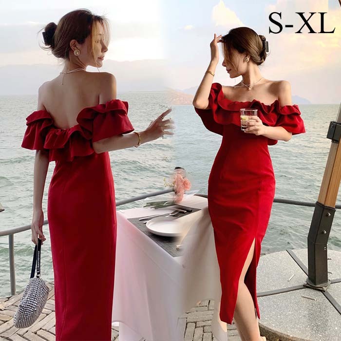 パーティードレス ミディアム 膝丈 オフショルダー ドレス リゾート ワンピース 結婚式 演奏会 フリル 20代 30代 大人 上品 スリット お呼ばれドレス ...