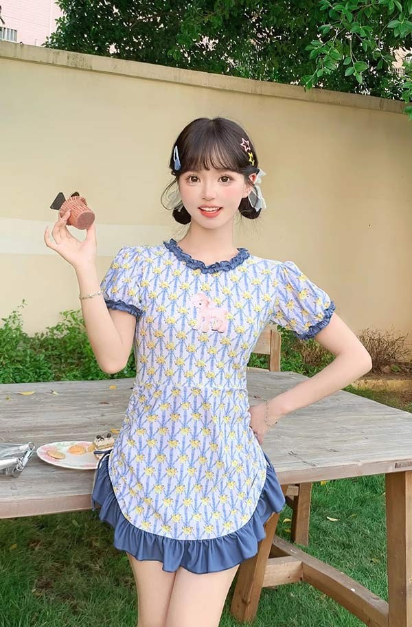 ワンピース水着 ひつじ柄 服みたいな 水着 2点セット 半袖 フリル リボン ワイヤーなし パッド付 レディース 着?せ シンプル 写真映え 撮影用 海 夏 サマー プール リゾート かわいい オシャレ アニマル柄 総柄 旅行 温泉 大人 女性用 ジュニア 学生 女の子 ブルー