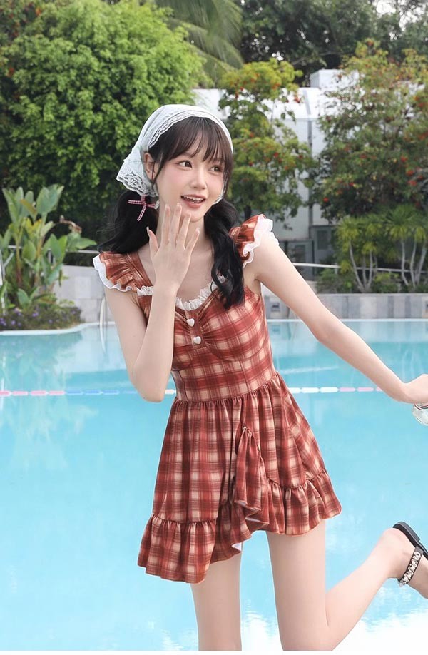 ワンピース水着 服みたいな 水着 チェック柄 フリル 袖なし ワイヤーなし パッド付 レディース シンプル セクシー 写真映え 撮影用 海 夏 サマー プール リゾート かわいい 透け感あり 旅行 温泉 大人 女性用 ジュニア 学生 女の子 レッドdf390m4m4m5