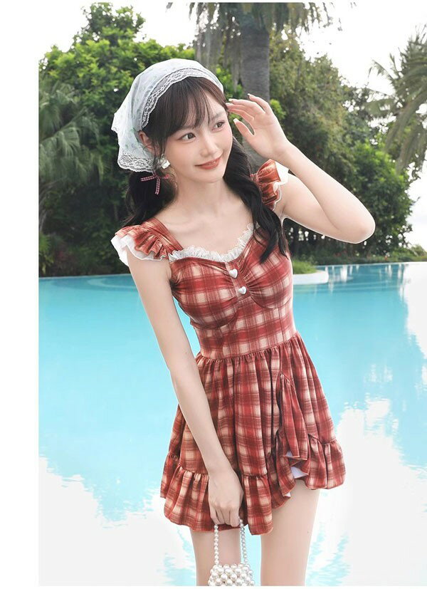 ワンピース水着 服みたいな 水着 チェック柄 フリル 袖なし ワイヤーなし パッド付 レディース シンプル セクシー 写真映え 撮影用 海 夏 サマー プール リゾート かわいい 透け感あり 旅行 温泉 大人 女性用 ジュニア 学生 女の子 レッドdf390m4m4m5