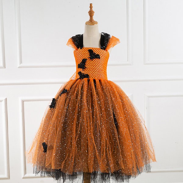 キッズドレス コウモリ ハロウィン 魔女風 ウイッチ キラキラ ドレス ロングドレス ノースリーブ ロング丈 コスプレ コスチューム衣装 子供ドレス パーティードレス カラードレス ワンピース 女の子 子供 かわいい 演出 イベント 写真用 オレンジ 90 110 120 130 140 2