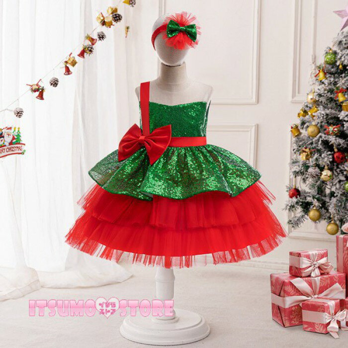 イツモストア -itsumostore-のキッズドレス クリスマス アシンメトリードレス キラキラ パーティー リボン ドレス 膝丈 ノースリーブ 袖なし コスチューム衣装 子供ドレス パーティードレス カラードレス お姫様 女の子 子供 かわいい ステージ 演出 イベント 写真用 グリーン mm078m4m4x8｜アングル2