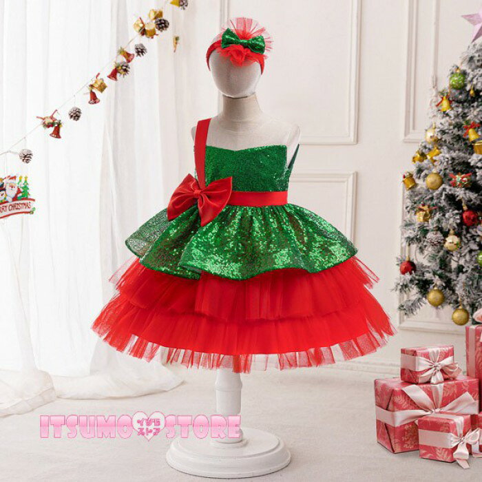 イツモストア -itsumostore-のキッズドレス クリスマス アシンメトリードレス キラキラ パーティー リボン ドレス 膝丈 ノースリーブ 袖なし コスチューム衣装 子供ドレス パーティードレス カラードレス お姫様 女の子 子供 かわいい ステージ 演出 イベント 写真用 グリーン mm078m4m4x8｜アングル3