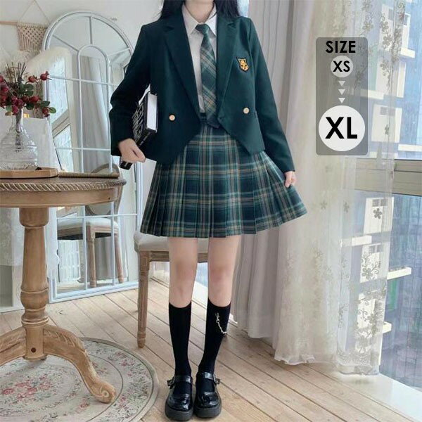 5点セット 入学式 卒業式スーツ 女の子 長袖 中学生 高校生 学生制服 女子高生 中高生 ジュニア チェック柄 レディース お受験 結婚式 発表会 入学 通学 大きいサイズ フォーマルスーツ グリーン ベージュ dx011m5