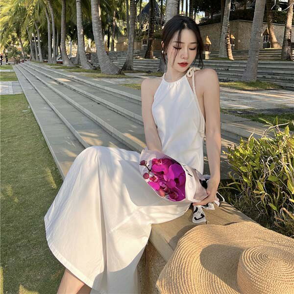 リゾートワンピース 沖縄 バックシャンワンピース 大人可愛い 夏ワンピース リゾートワンピ ホルターネック 背中だし セクシー ワンピース 白ワンピース 無地 ロング おしゃれ 韓国 ワンピ S M L dd308n1