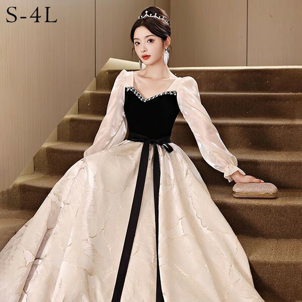 パーティードレス ロングドレス 演奏会 袖あり 結婚式 パーティー 韓国 袖付き 黒 長袖 韓国 大人 ピアノ発表会 中学生 高校生 大きいサイズ 母親 結婚式 演奏会用ドレス 披露宴 レディース 演奏会ドレス イブニングドレス ワンピース 二次会 花嫁 S M L XL 2XL 3XL