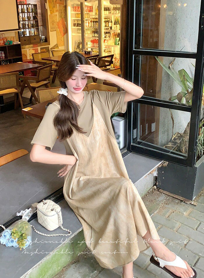 ワンピース フェイクインナー 偽キャミワンピ ロング 大人可愛い 夏ワンピース 夏 ...