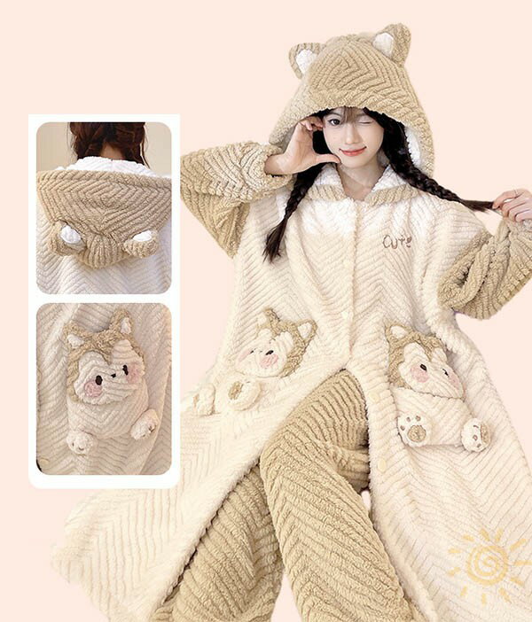 ルームウェア もこもこ リス パジャマ 冬 長袖 ナイトガウン 着る毛布 前開き フード付き 寝巻き 部屋着 暖かい あったか 着ぐるみ パジャマ モコモコ 大人用 ふわふわ 動物 レディース 女性用 ガウン かわいい 可愛い ギフト プレゼント dh132n1n1zb 2