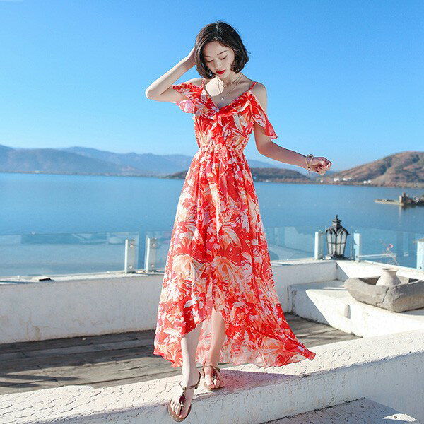 リゾートワンピース 沖縄 夏 レディース ロングワンピース 花柄 フリル キャミソール セクシー ゆったり 体型カバー おしゃれ 夏ワンピース マキシ丈 花柄 夏 春 夏服 リゾート 旅行 きれいめ カジュアル ノースリーブ キレイめ レッド S M L bs008s1