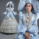 中世ドレス 貴族 お姫様 ヨーロッパ ステージ 袖あり 盛り袖 パフスリーブ 衣装 チャイナ襟 ハイネック 帽子付き 演奏会 舞台衣装 貴族風 バッスルライン ゴージャス 声楽 オペラ イベント ワンピース ブルー 青 S M L XL