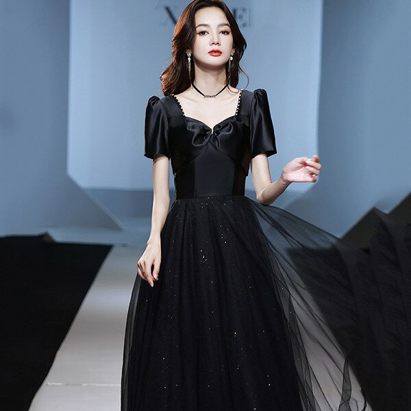 ロングドレス 演奏会 袖あり 結婚式 パーティー 黒 大人 ピアノ 発表会 キラキラ 結婚式 母親 ピアノ発表会 ワンピース 半袖 演奏会ドレス 演奏会用ドレス パーティードレス イブニングドレス ロング丈 大きいサイズ 小さいサイズ db290s1