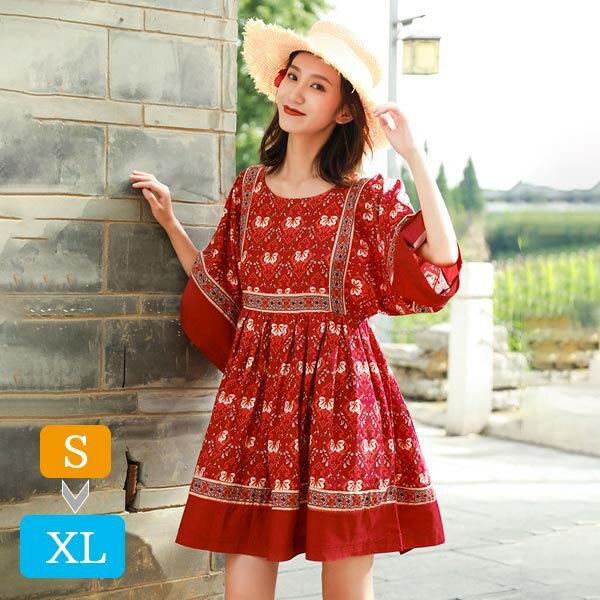 ハワイ リゾートワンピース 沖縄 ショート丈 五分袖 総柄 民族風 大きめ 体型カバー ゆったり 夏ワンピ 沖縄 海外旅行 ワンピース 夏 レディース おしゃれ 大人可愛い dm176t2