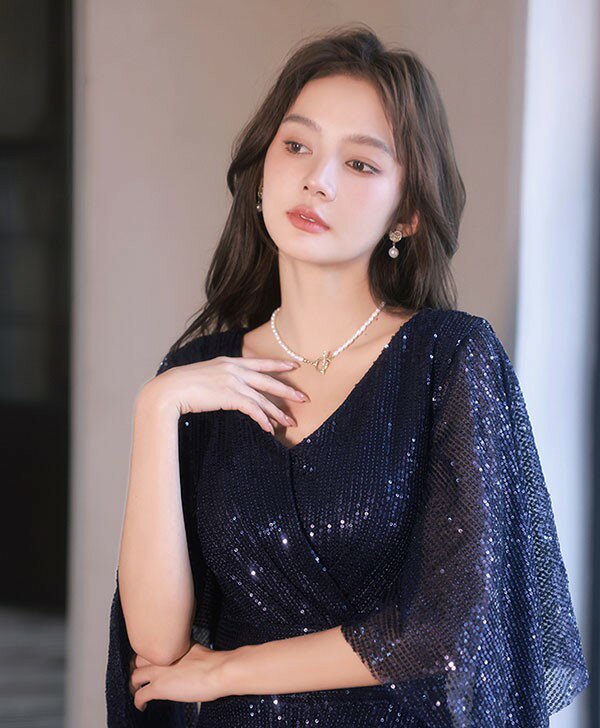 ロングドレス 演奏会 袖あり 結婚式 パーティー 大人 ピアノ 発表会 袖付き 母親 上品 Vネック イブニングドレス ミセス キラキラ パーティードレス 成人式 Aライン ネイビー ワインレッド 大きいサイズ フォーマル ファスナー M L XL 2XL 3XL 4XL 5XL ea086t2t2l9 3
