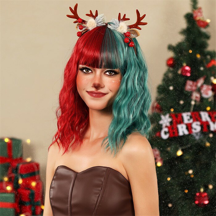 ウィッグ ショート カール ツートンカラー 赤 緑 クリスマス レディース フルウィッグ 耐熱 かつら wig コスプレ 仮装 イベント ハロウィン パーティー 個性派 原宿系 ファッション おしゃれ かわいい 撮影 小顔効果 日常 韓国風 ボブ風 ウェーブ フェス dq335x1x1x8