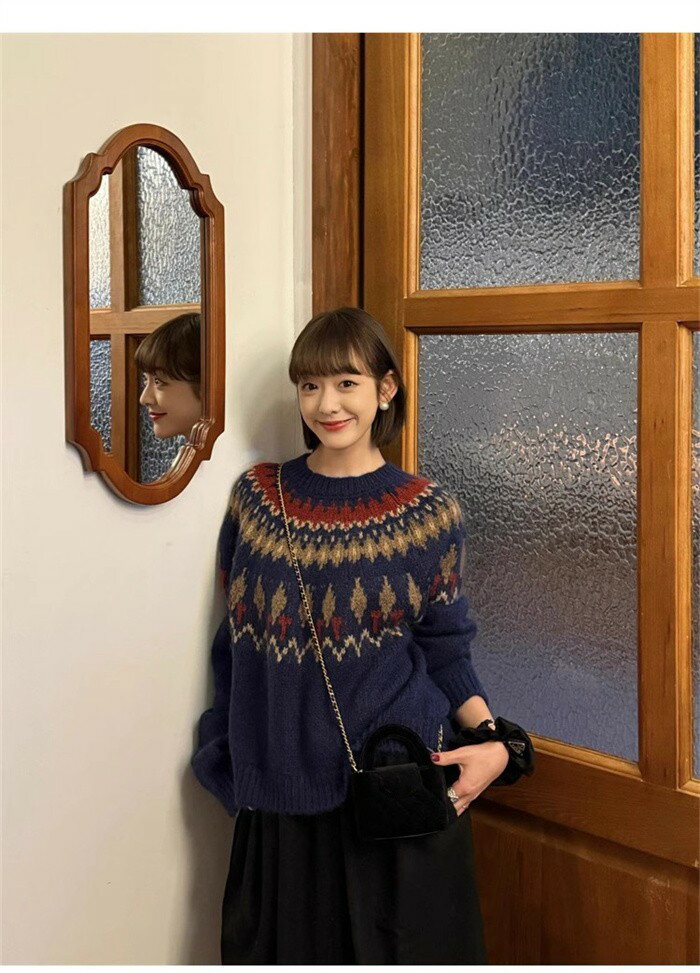 ヴィンテージ ノルディック フェアアイル 求心 ニット ネイビー