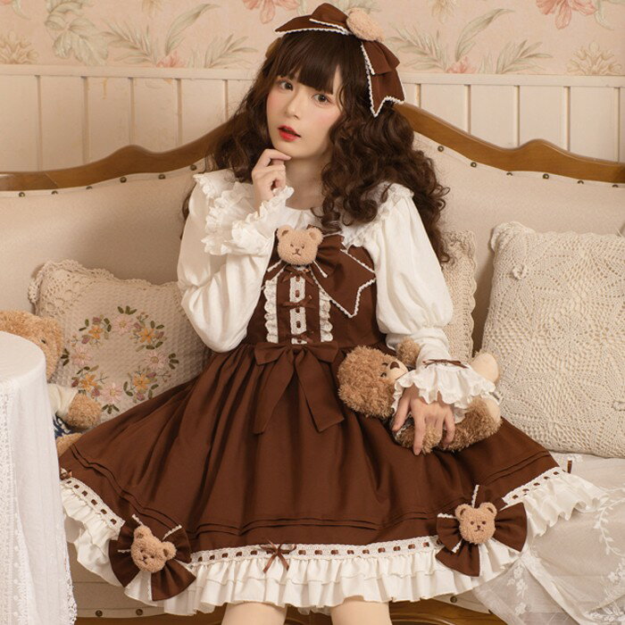 樂天商城 - ロリータ ドレス 衣装 ワンピース 宮殿風 貴族風 リボン フリル 森ガール クマ ドレス コスプレ衣装 茶色 ジャンパースカート ブラウス 長袖 レトロ 中世紀 レディース 女の子 少女 ゆめかわいい 萌え リボン 女装 パーティー ファッション aa143zb