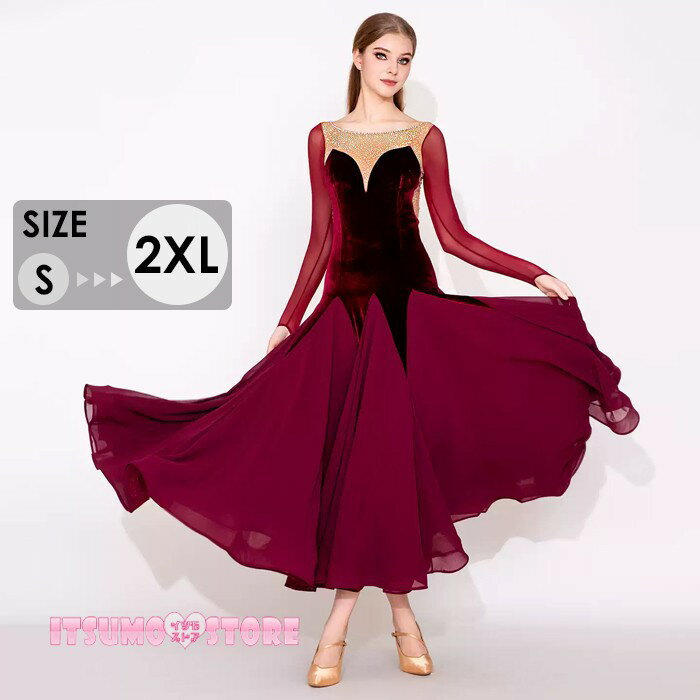 社交ダンス ドレス ダンス衣装 初心者 練習着 競技着 社交ダンス衣装 ワンピース 長袖 レース 透 ...