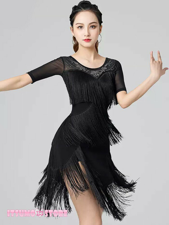 イツモストア -itsumostore-の社交ダンス ラテンドレス ワンピース ダンス衣装 演技服 透け感 装飾あり 練習着 長袖 ワルツ チャチャチャ ラテン ステージ衣装 演出着 演出用 フリンジ 黒 ブラック S M L XL 2XL 3XL bb028zb｜アングル2